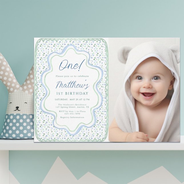 Pastel Blue and Sage Green 1st Birthday Photo Invitation (Creator Uploaded)