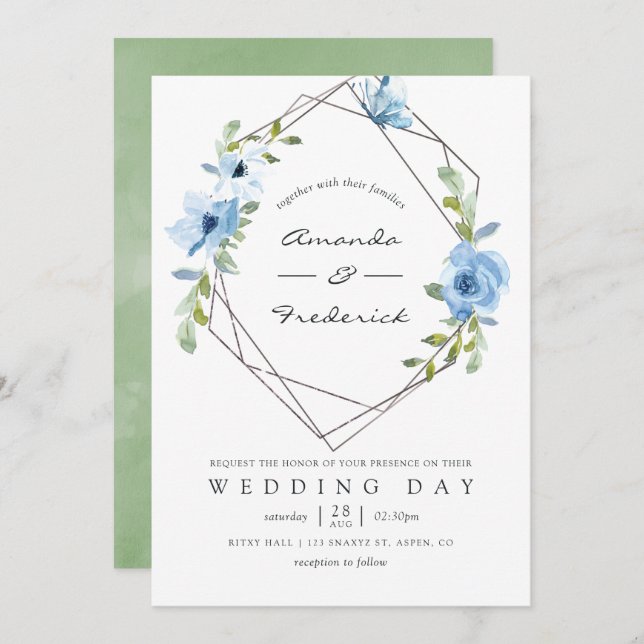 Pastel Blue and Sage Green Geometric Wedding Invitation (Front/Back)