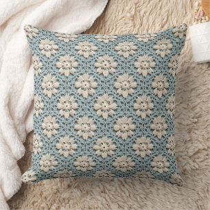 Pastel Blue and White Crochet Look Cushion