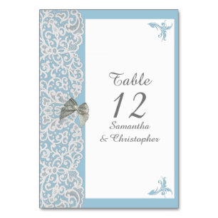 Pastel blue and white damask lace wedding table number