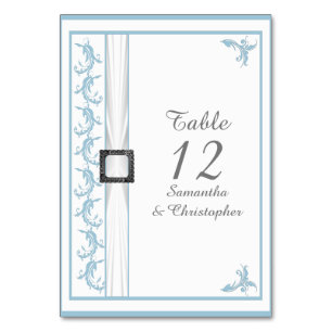 Pastel blue and white damask white lace wedding table number