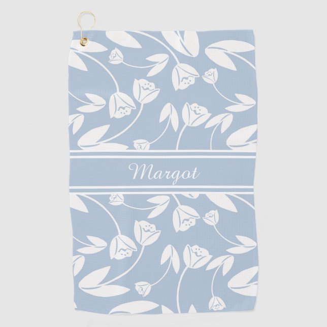 Pastel Blue and White Flower Silhouette Golf Towel (Front)