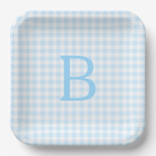 Pastel Blue and White Gingham Monogram Paper Plate