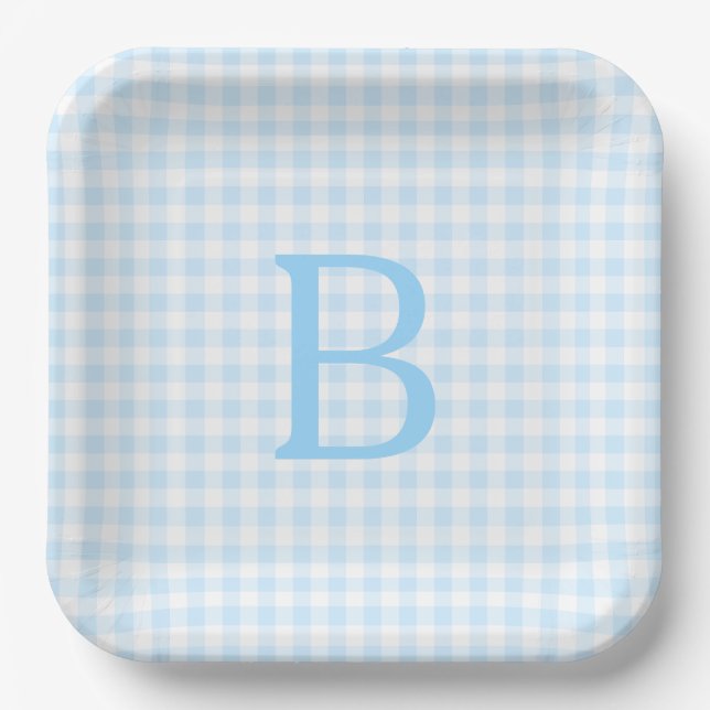 Pastel Blue and White Gingham Monogram Paper Plate (Front)