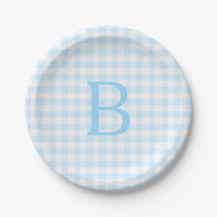 Pastel Blue and White Gingham Monogrammed Paper Plate