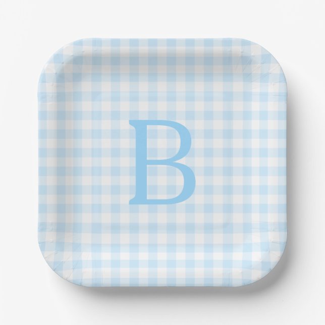 Pastel Blue and White Gingham Monogrammed Paper Plate (Front)