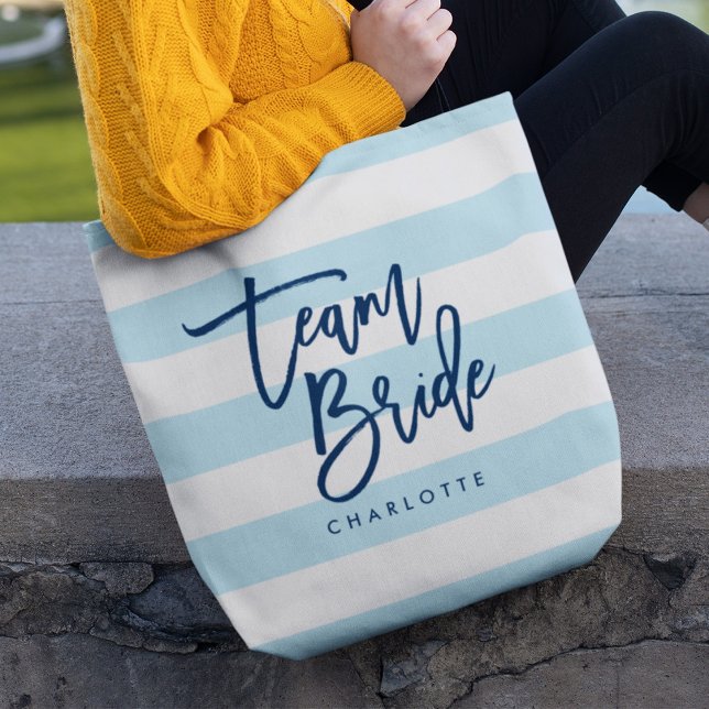 Pastel Blue and White Stripes Blue Team Bride Tote Bag (Creator Uploaded)