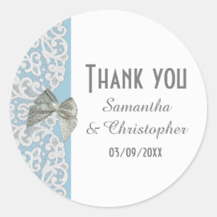 Pastel blue and white traditional lace thank you classic round sticker