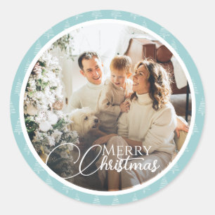 Pastel Blue And White Trees Family Photo Christmas Classic Round Sticker