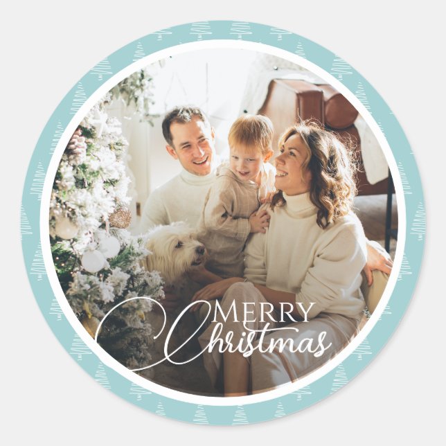 Pastel Blue And White Trees Family Photo Christmas Classic Round Sticker (Front)