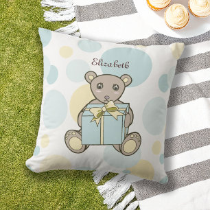 Pastel Blue and Yellow Teddy Bear Kids Outdoor Cushion