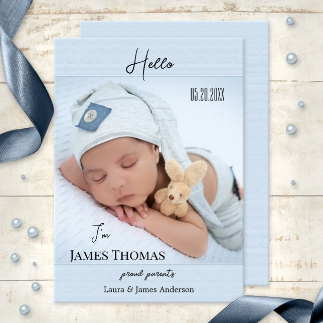 Pastel Blue Baby Boy Photo Birth Announcement (Simple elegant baby boy birth announcement card featuring a photo of your baby on pastel blue)