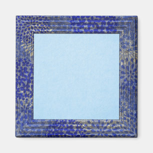 Pastel blue background, medium blue frame magnet