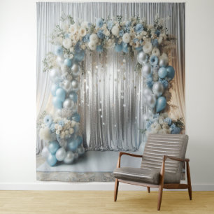 Pastel Blue Balloon Arch Backdrop, Soft Blue Flora Tapestry