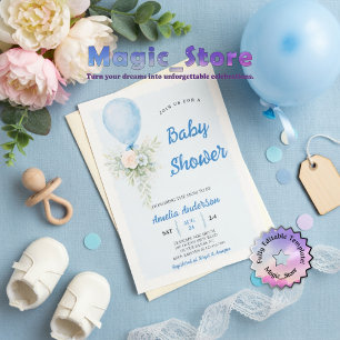 Pastel Blue Balloon Floral Watercoler Baby Shower  Invitation