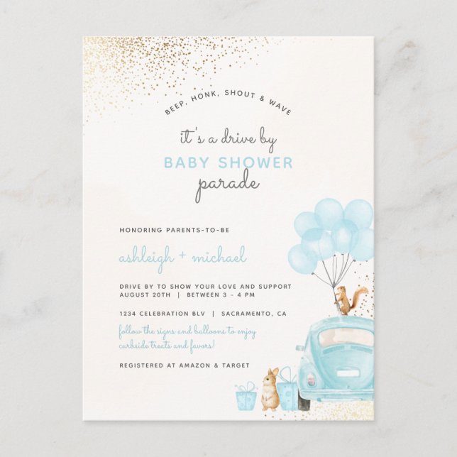 Pastel Blue Balloons Car Drive By Boy Baby Shower Invitation Postcard (Front)