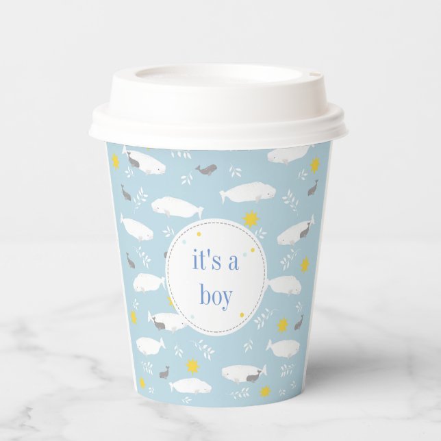 Pastel blue beluga whale stars baby shower design  paper cups (Front)