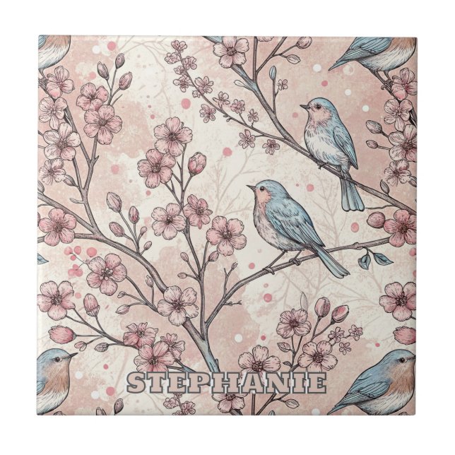 Pastel Blue Birds with Pink Cherry Blossoms Ceramic Tile (Front)