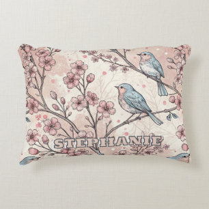 Pastel Blue Birds with Pink Cherry Blossoms Decorative Cushion