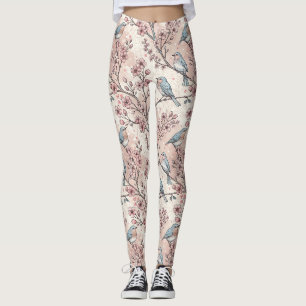 Pastel Blue Birds with Pink Cherry Blossoms Leggings