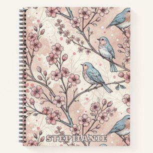 Pastel Blue Birds with Pink Cherry Blossoms Notebook