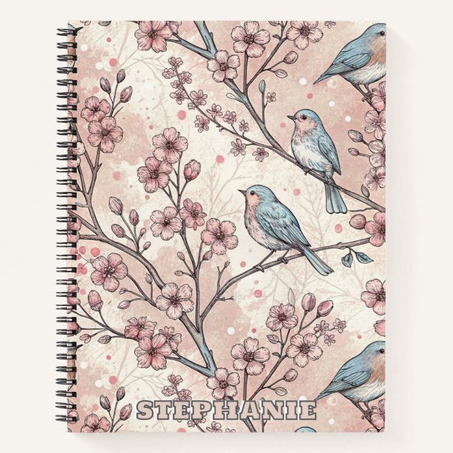 Pastel Blue Birds with Pink Cherry Blossoms Notebook (Front)