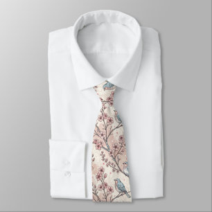 Pastel Blue Birds with Pink Cherry Blossoms Tie