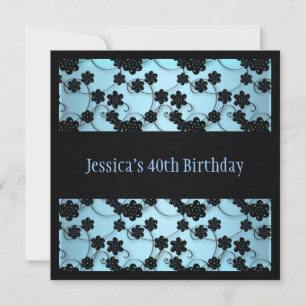 Pastel Blue & Black Flowers 40th Birthday Invitation