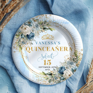 Pastel Blue Boho Floral Gold Glitter Quinceañera Paper Plate