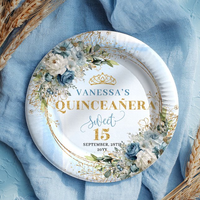 Pastel Blue Boho Floral Gold Glitter Quinceañera  Paper Plate (Pastel Blue Boho Floral Gold Glitter Quinceañera Plates)
