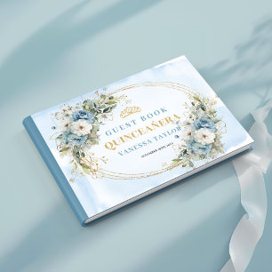Pastel Blue Boho Quince with Gold Greenery guest  Book