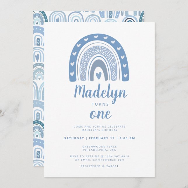 Pastel Blue Boho Rainbow First Birthday Invitation (Front/Back)