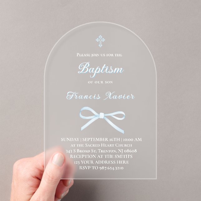 pastel blue bow Baptism Acrylic Invitations (Insitu (Handheld))