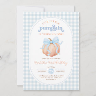 Pastel Blue Bow Pumpkin Fall 1st Birthday Party Invitation