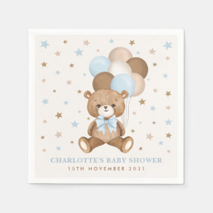 Pastel Blue Brown Teddy Bear Balloons Baby Shower Napkin