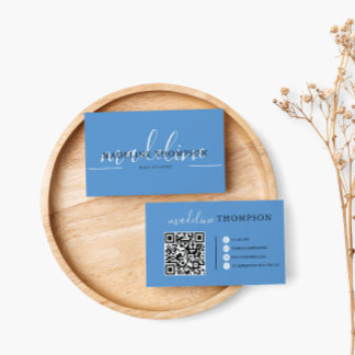 Pastel Blue Calligraphy Script QR code Business Card