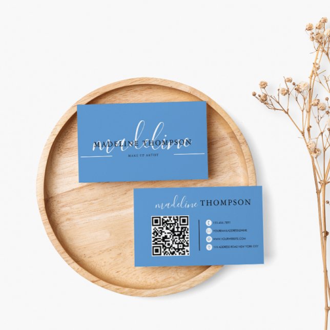 Pastel Blue Calligraphy Script QR code  Business Card (Creator Uploaded)