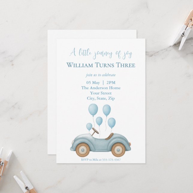 Pastel Blue Car & Balloons Boys Birthday Party -  Invitation (Front/Back In Situ)