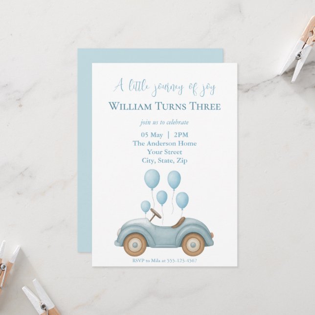 Pastel Blue Car & Balloons Boys Birthday Party -  Invitation (Front/Back In Situ)