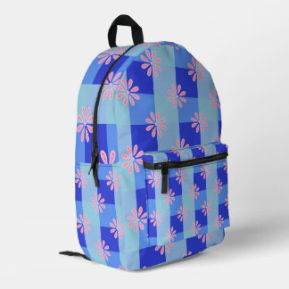 Pastel Blue Chequerboard Floral Pattern Printed Backpack