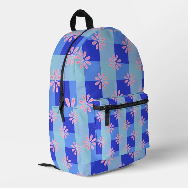 Pastel Blue Chequerboard Floral Pattern Printed Backpack (Back Corner Left)