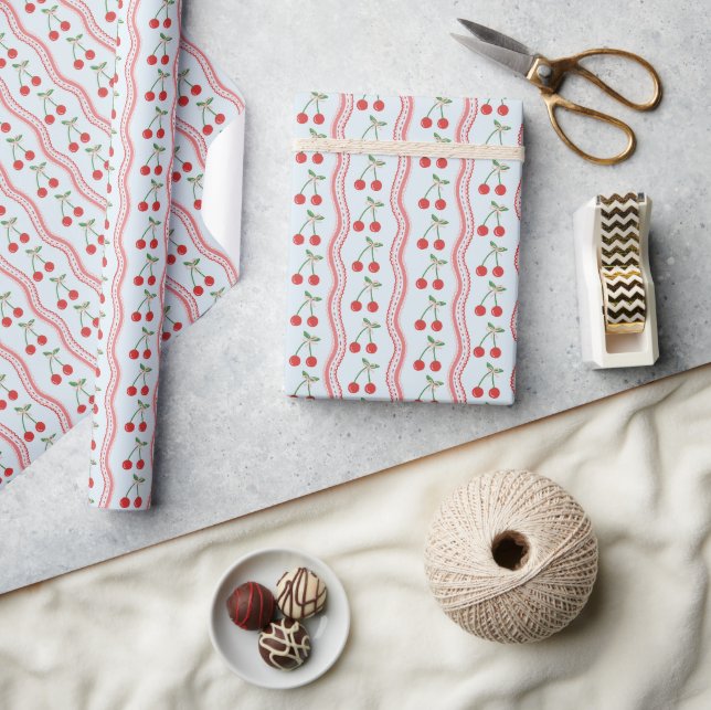 Pastel Blue Cherry & Scallop Stripe Pattern Wrapping Paper (Crafts)