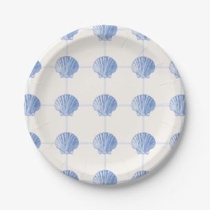 Pastel Blue Coastal Painted Clam Seashell Checkers Paper Plate