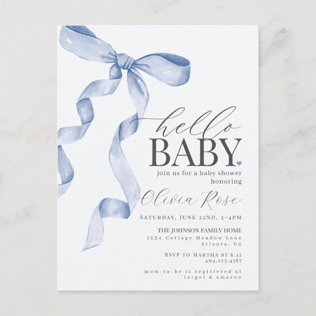 Pastel Blue Coquette Bow Girl Baby Shower Invite Postcard (Front)