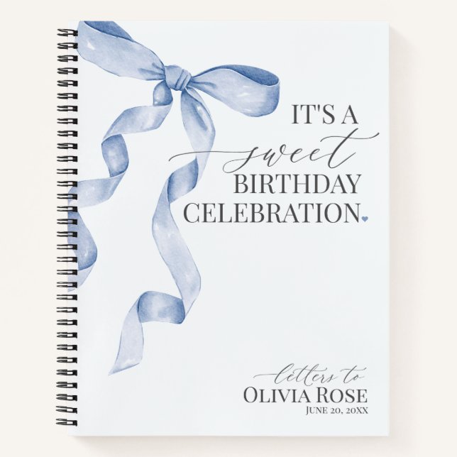 Pastel Blue Coquette Bow Letters to Birthday Girl Notebook (Front)