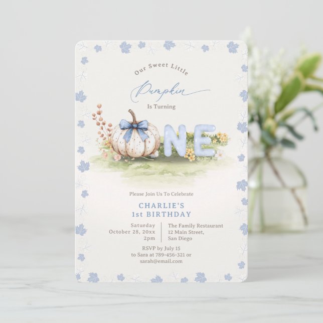 Pastel Blue Coquette Little Pumpkin 1st Birthday Invitation (Standing Front)
