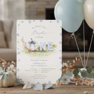 Pastel Blue Coquette Little Pumpkin 1st Birthday Invitation