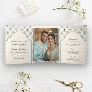 Pastel Blue Cream Ikat All in One Indian Wedding Tri-Fold Invitation