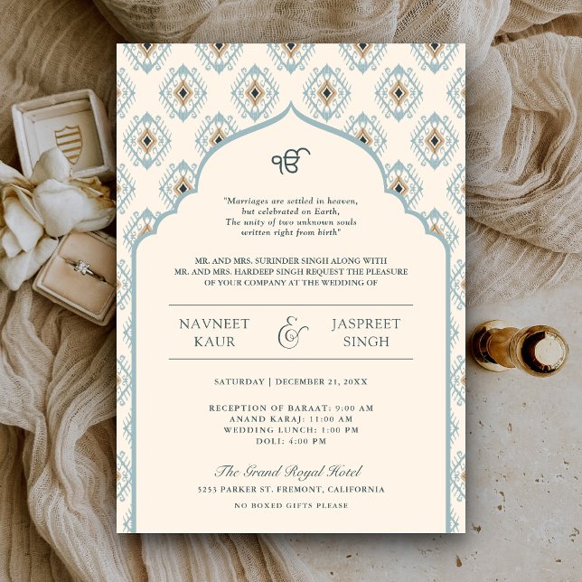 Pastel Blue Cream Ikat Anand Karaj Sikh Wedding Invitation (Creator Uploaded)