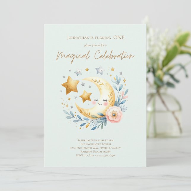 Pastel Blue Cute Baby Boy Moon 1st Birthday Invitation (Standing Front)